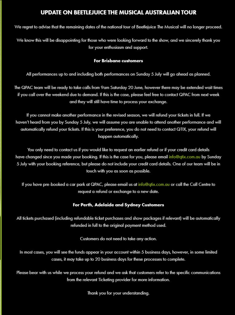 Beetlejuice the Musical's Australian Tour Cancelled - In Brisbane Until 5 July 1