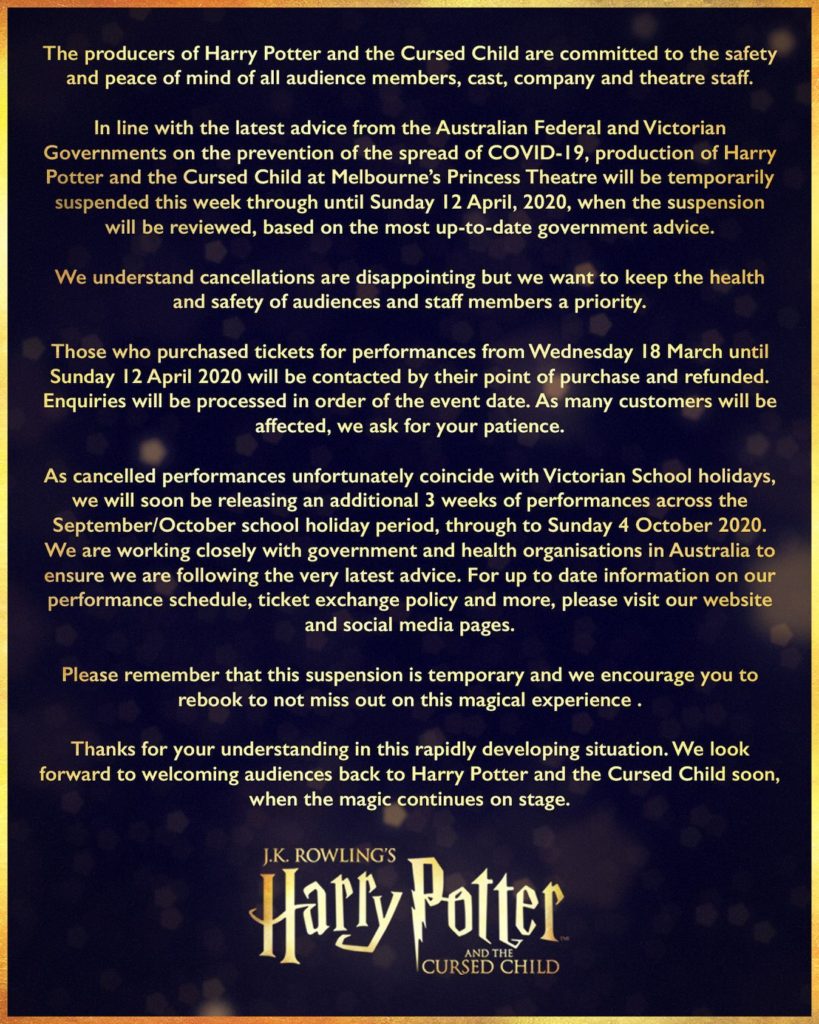 Harry Potter and the Cursed Child Suspended for Four Weeks in Melbourne 1